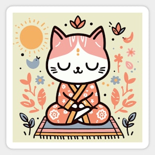 Zen Kitty in Floral Kimono Meditating Cat Magnet